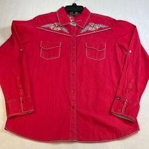 Elegant Red Embroidered Women's Button Down Shirt